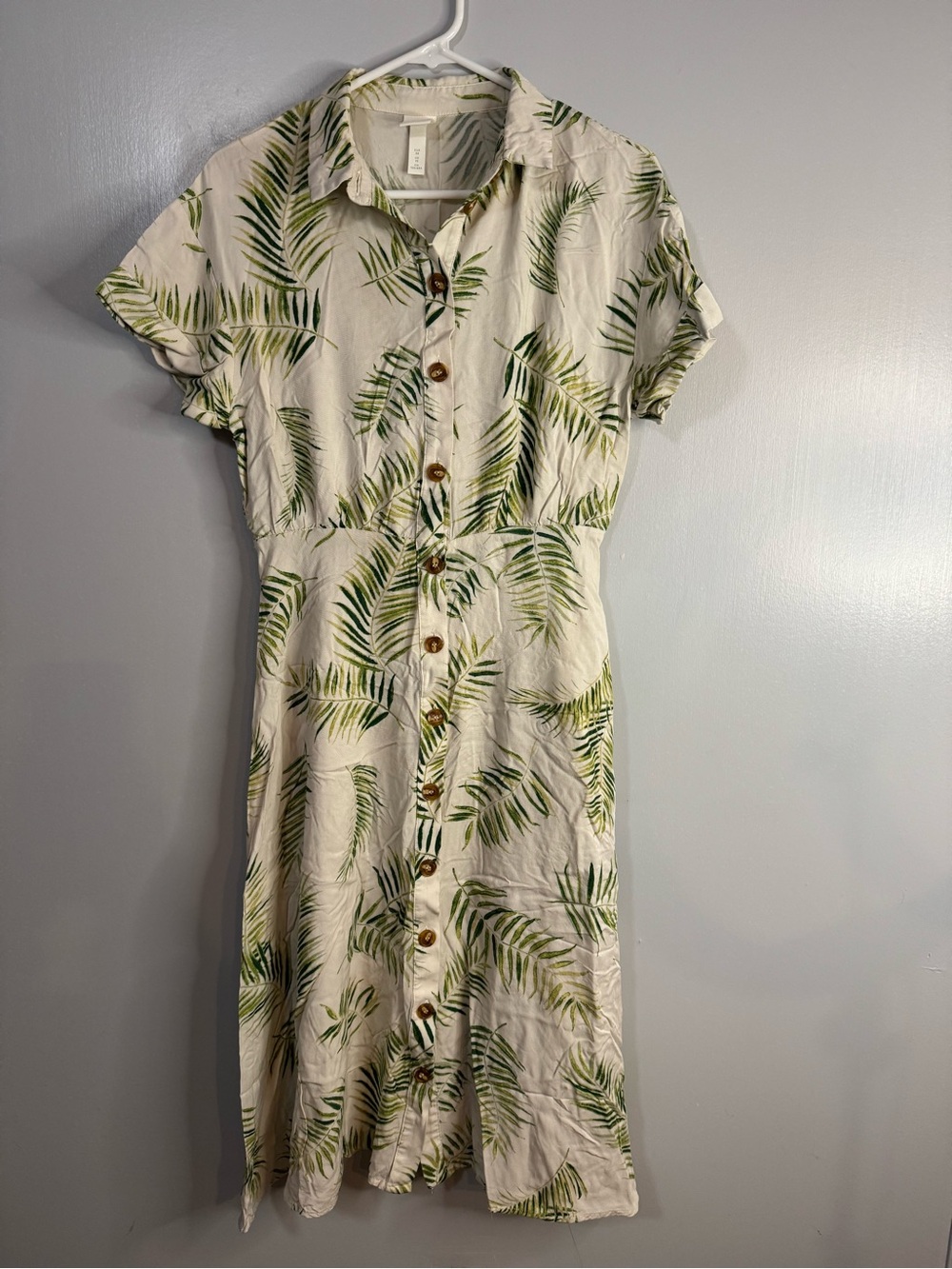 H&M Cream and Green Midi Dress with Tropical Leaf Print Size 6